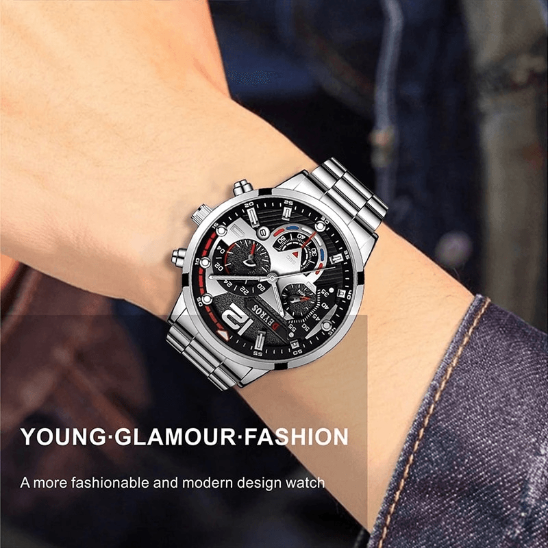 Deyros Luxury Quartz Mens Wristwatch Full Steel Calendar Luminous